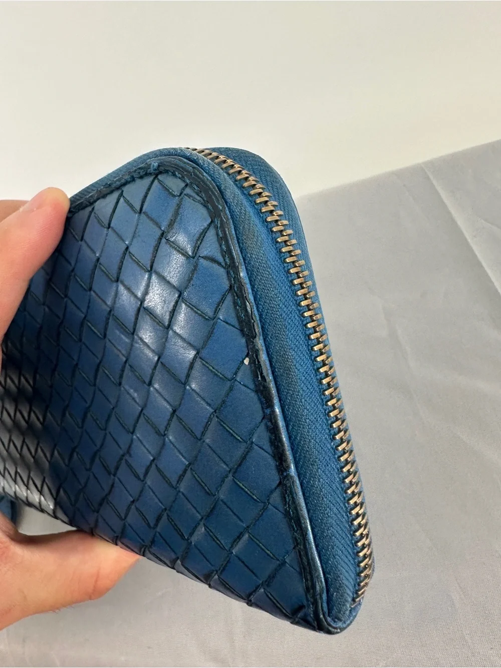 Bottega Veneta blue woven intrecciato long zip wallet